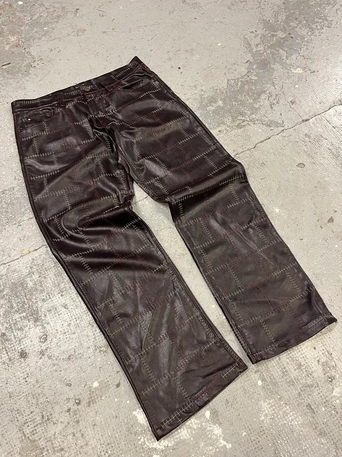 2000s Energie Brown Embroidered Leather Pants (M) 2
