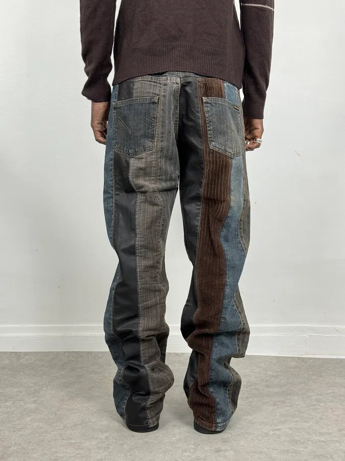 2000s Energie Hybrid Denim & Velvet Blue Brown Pants EoAHjft 3