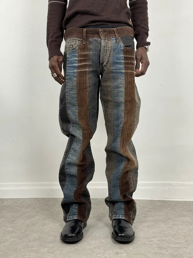 2000s Energie Hybrid Denim & Velvet Blue Brown Pants EoAHjft 1