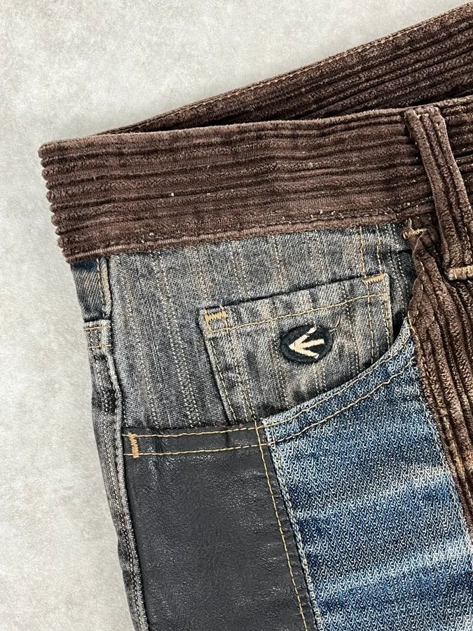 2000s Energie Hybrid Denim & Velvet Blue Brown Pants EoAHjft 9