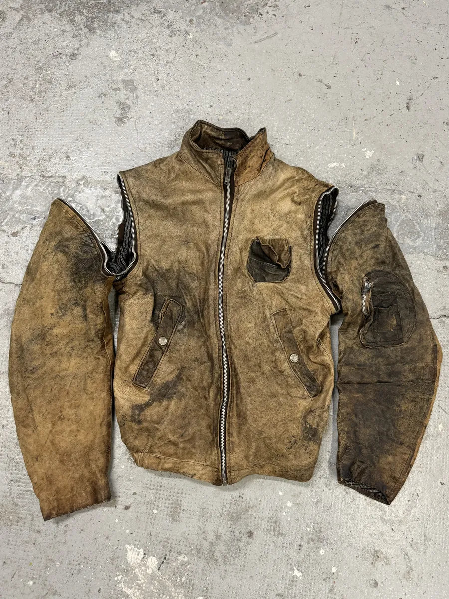 2000s Eroded Brown Archive Leather Jacket with Detachable Sleeves QMzAzAc 0
