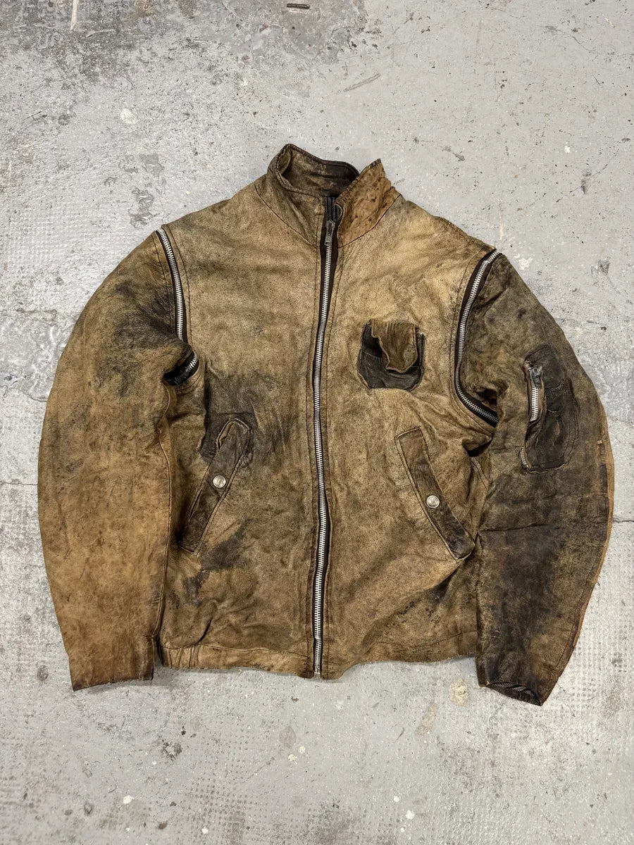 2000s Eroded Brown Archive Leather Jacket with Detachable Sleeves QMzAzAc 1