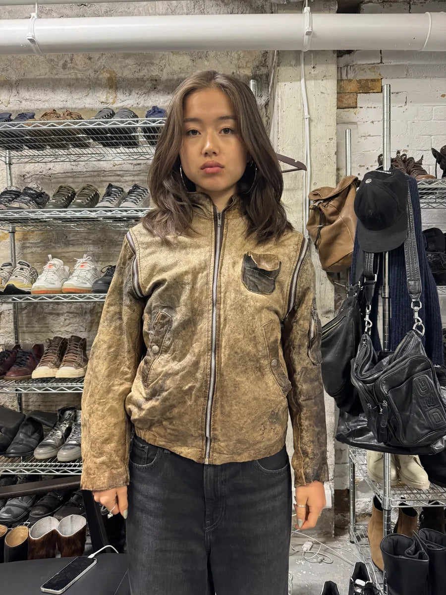2000s Eroded Brown Archive Leather Jacket with Detachable Sleeves QMzAzAc 2