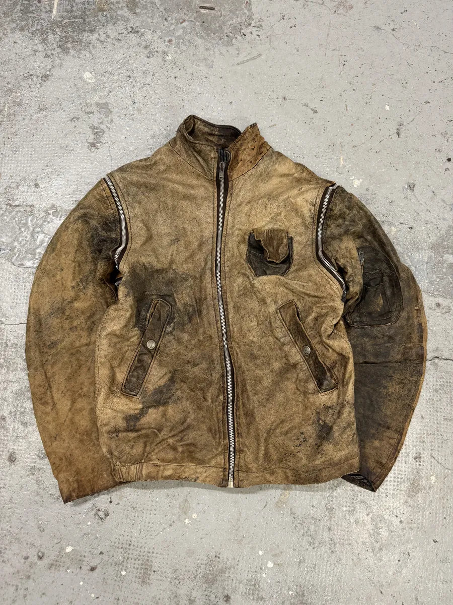 2000s Eroded Brown Archive Leather Jacket with Detachable Sleeves QMzAzAc 8