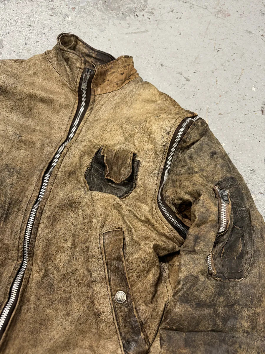 2000s Eroded Brown Archive Leather Jacket with Detachable Sleeves QMzAzAc 9