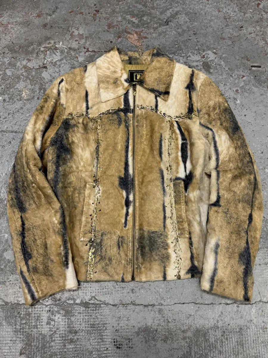 2000s Faux Fur Beige & Blue Irregular Jacket DwaCTxy 0