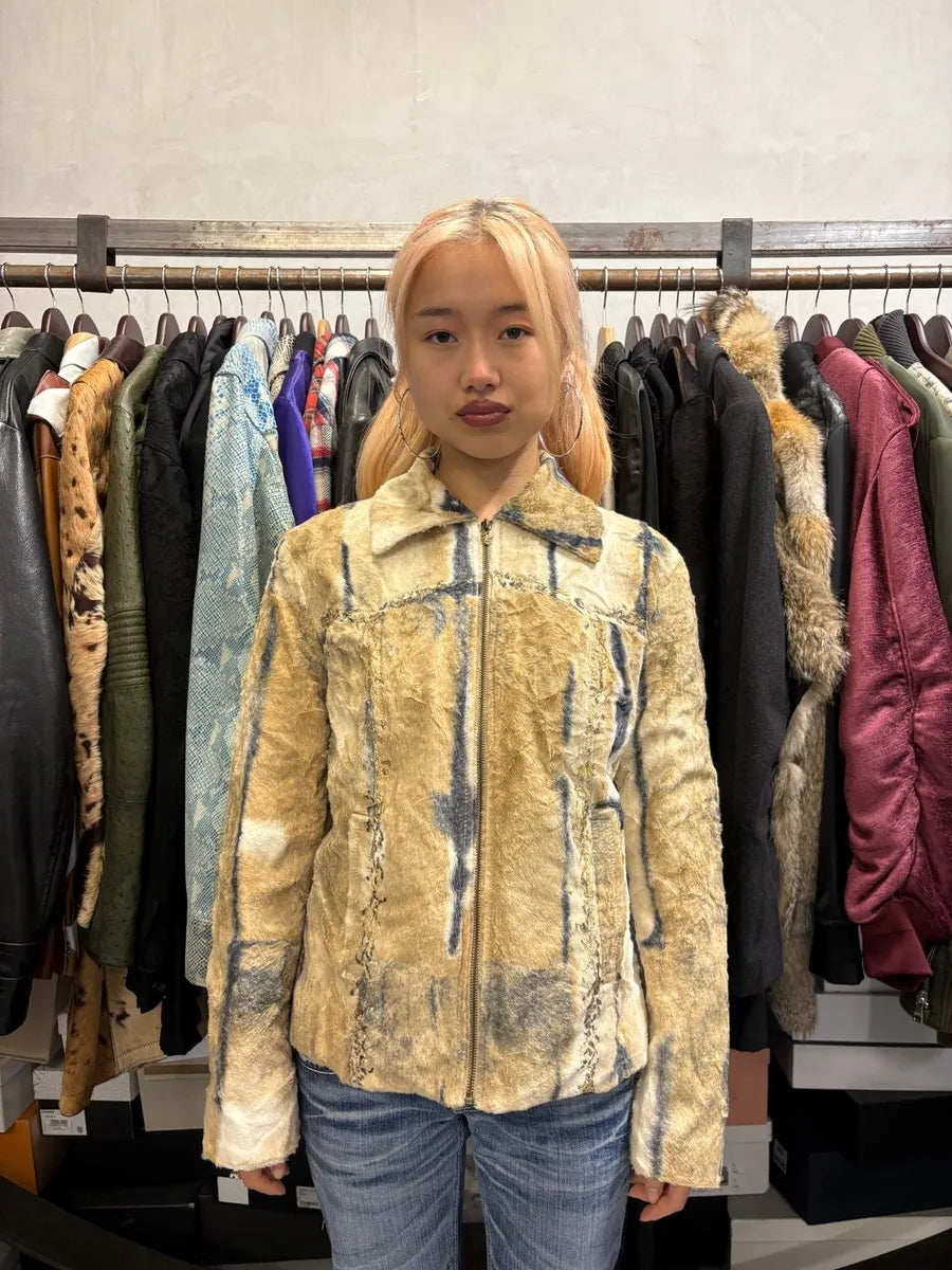 2000s Faux Fur Beige & Blue Irregular Jacket DwaCTxy 1