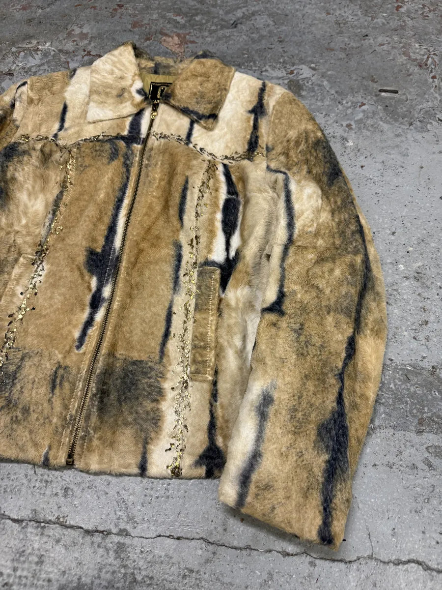 2000s Faux Fur Beige & Blue Irregular Jacket DwaCTxy 10