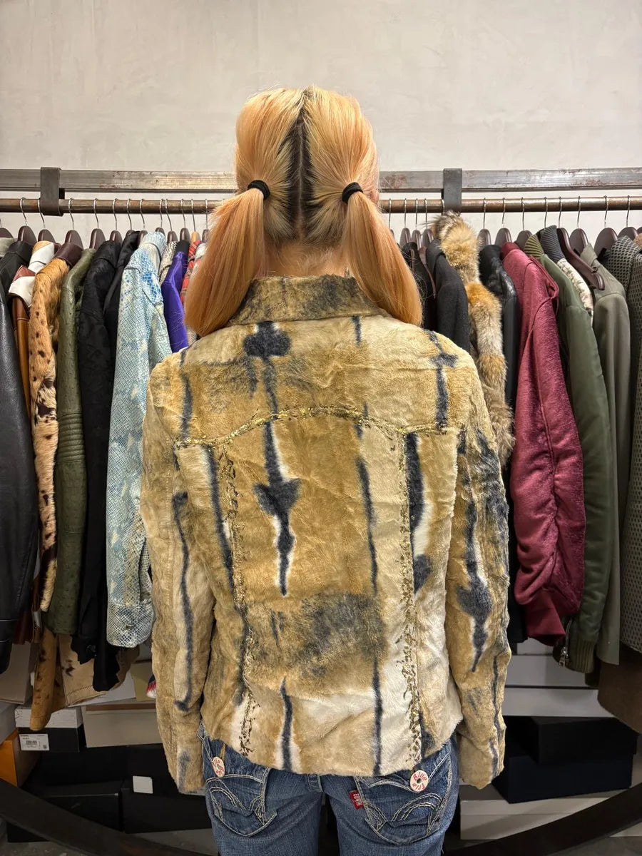 2000s Faux Fur Beige & Blue Irregular Jacket DwaCTxy 2