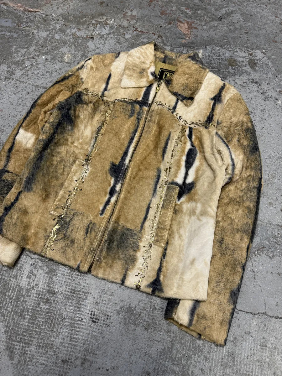 2000s Faux Fur Beige & Blue Irregular Jacket DwaCTxy 7