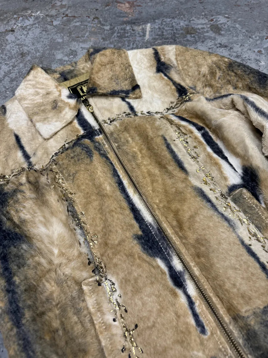 2000s Faux Fur Beige & Blue Irregular Jacket DwaCTxy 9