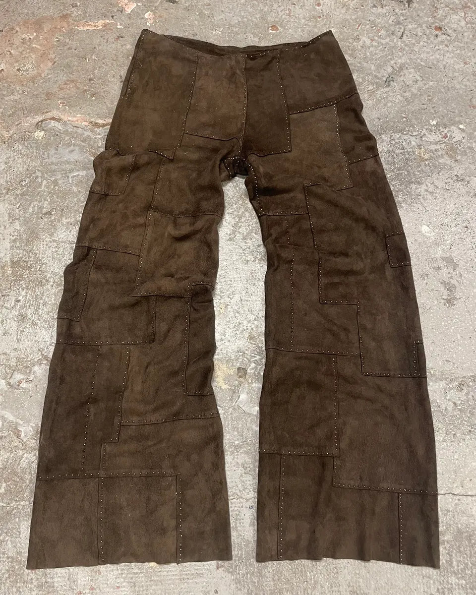 2000s Fendi Khaki Suede Leather Studded Patchwork Pants OvbCZYi 0