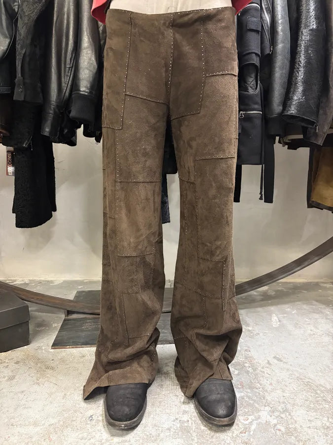 2000s Fendi Khaki Suede Leather Studded Patchwork Pants OvbCZYi 1