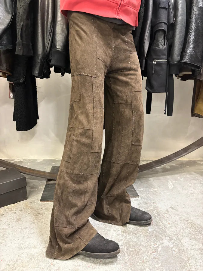 2000s Fendi Khaki Suede Leather Studded Patchwork Pants OvbCZYi 2
