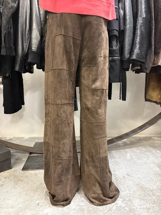 2000s Fendi Khaki Suede Leather Studded Patchwork Pants OvbCZYi 3