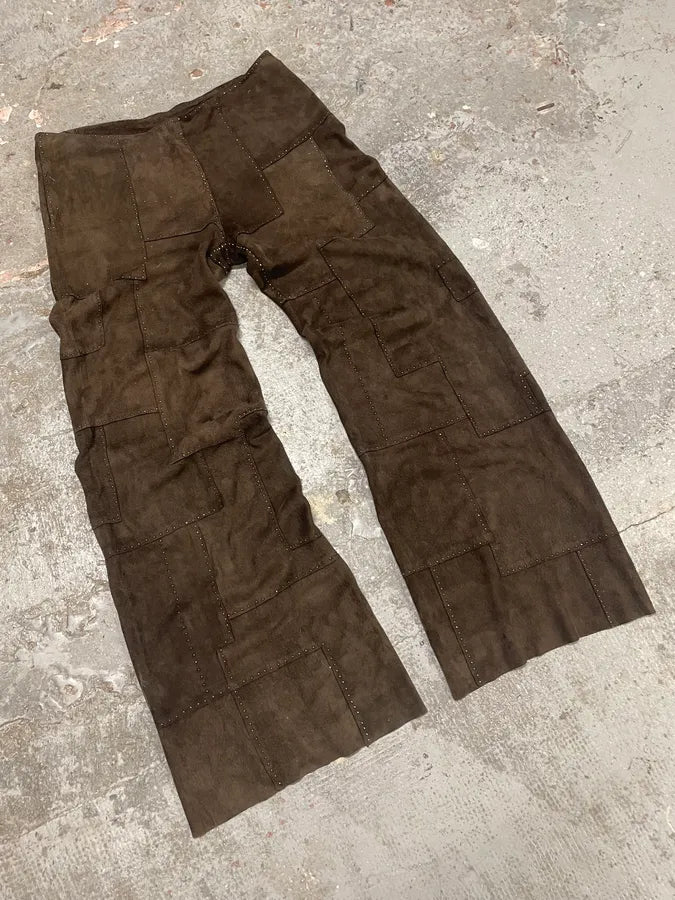 2000s Fendi Khaki Suede Leather Studded Patchwork Pants OvbCZYi 4