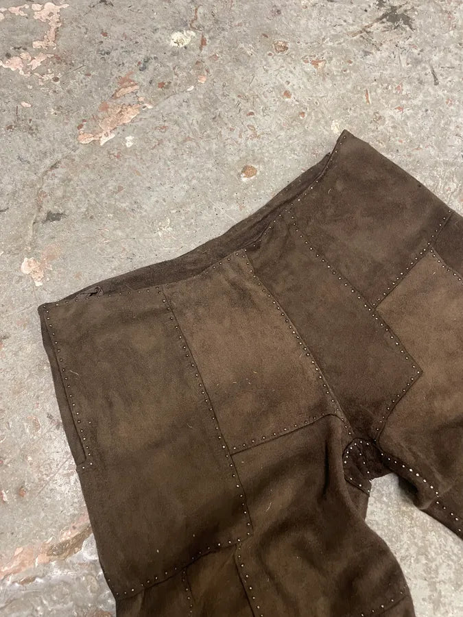 2000s Fendi Khaki Suede Leather Studded Patchwork Pants OvbCZYi 5