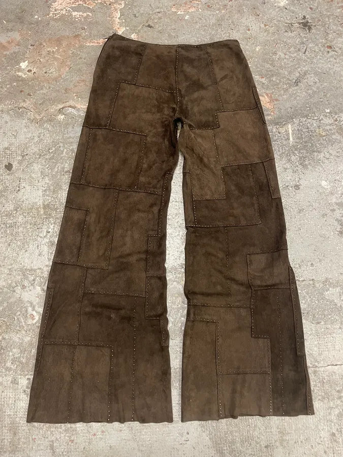 2000s Fendi Khaki Suede Leather Studded Patchwork Pants OvbCZYi 6