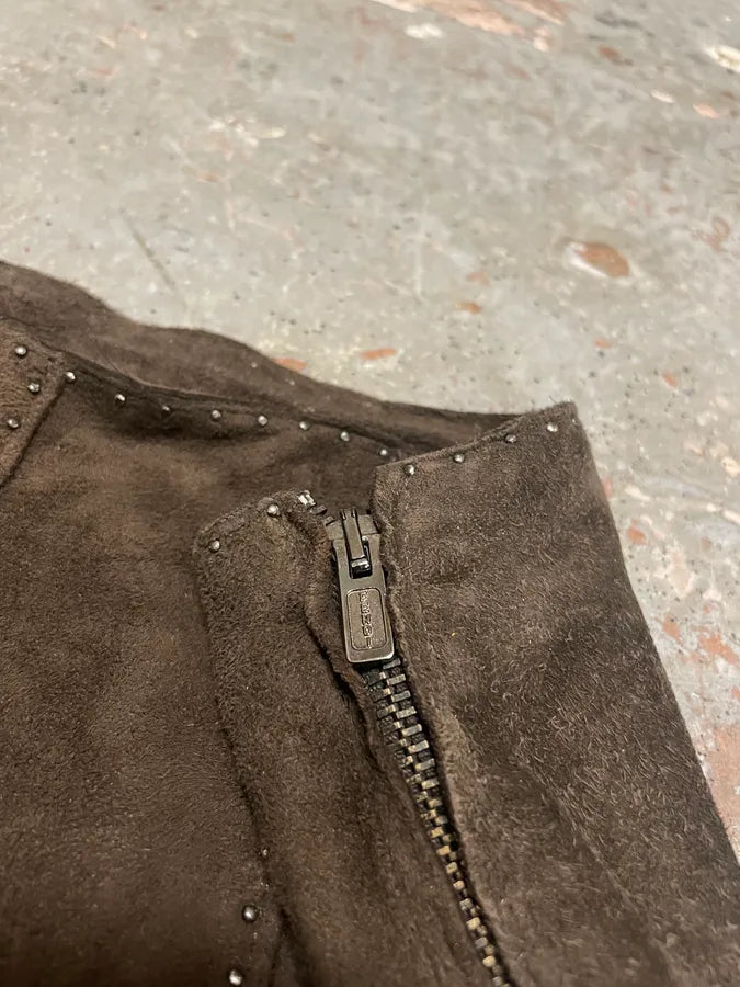 2000s Fendi Khaki Suede Leather Studded Patchwork Pants OvbCZYi 8