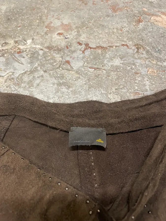 2000s Fendi Khaki Suede Leather Studded Patchwork Pants OvbCZYi 9