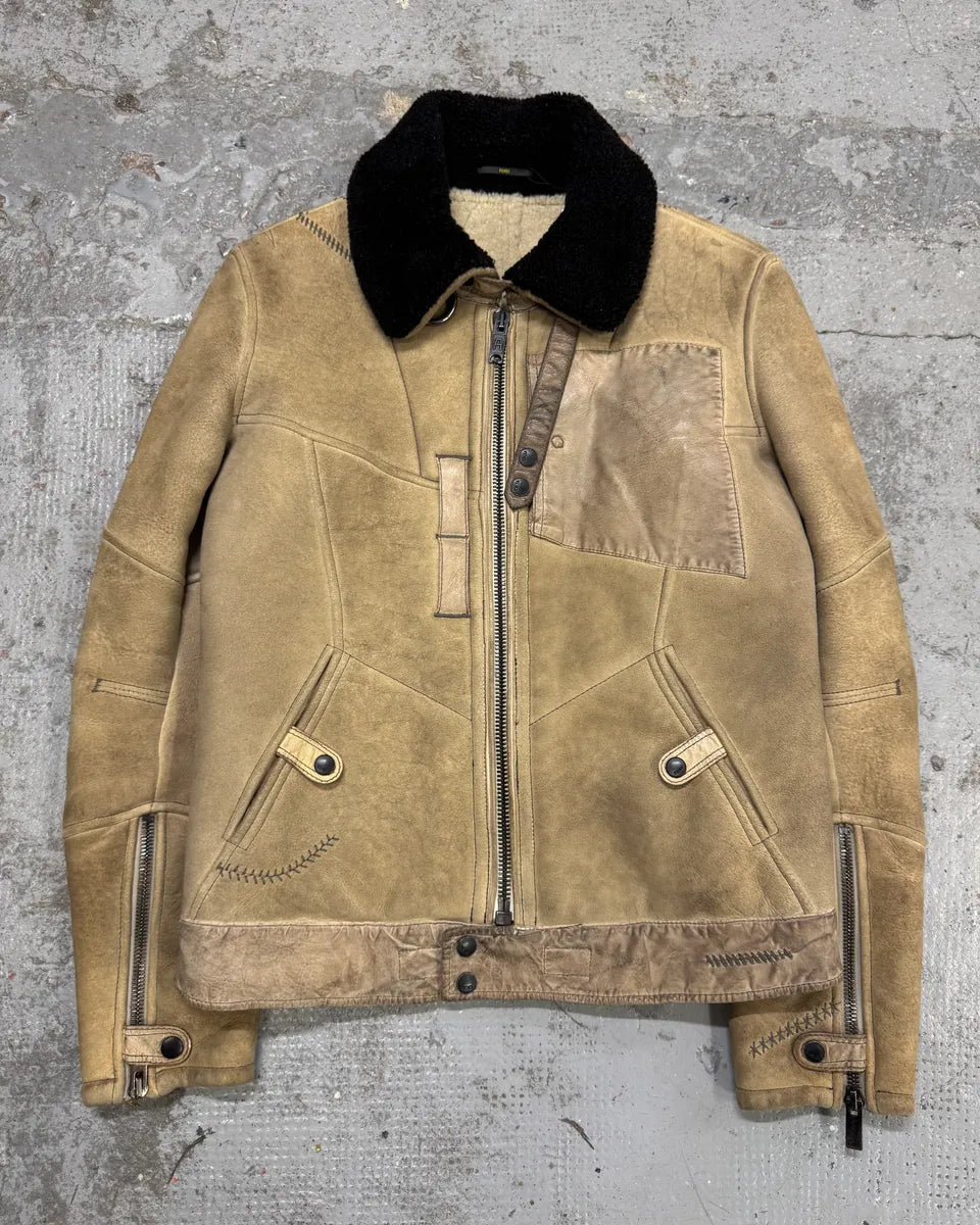2000s Fendi Patchwork Shearling Beige Leather Jacket DfkjxSf 0