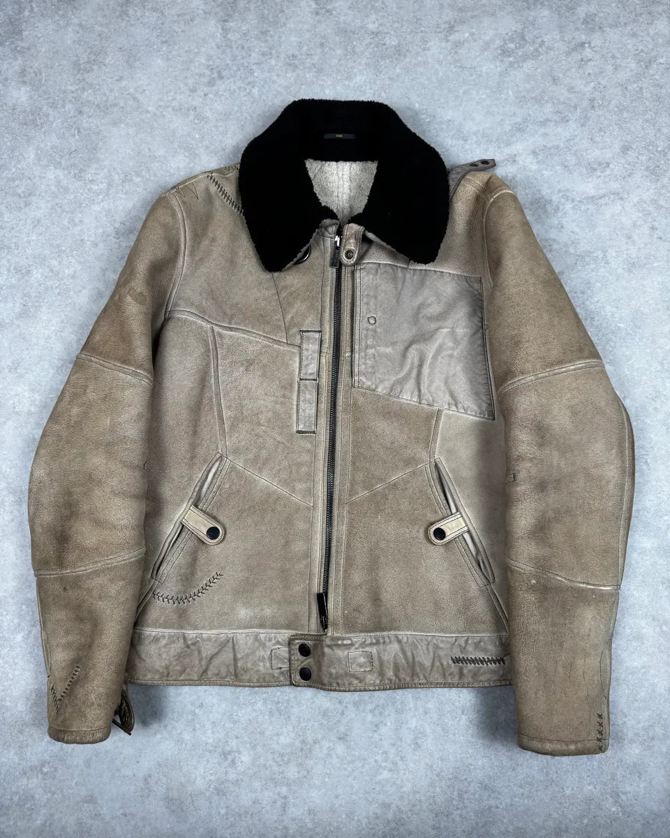 2000s Fendi Patchwork Shearling Beige Leather Jacket sYfdnwC 0