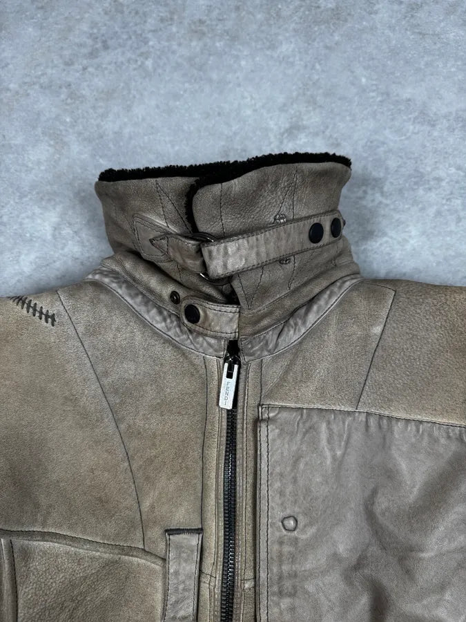 2000s Fendi Patchwork Shearling Beige Leather Jacket sYfdnwC 7