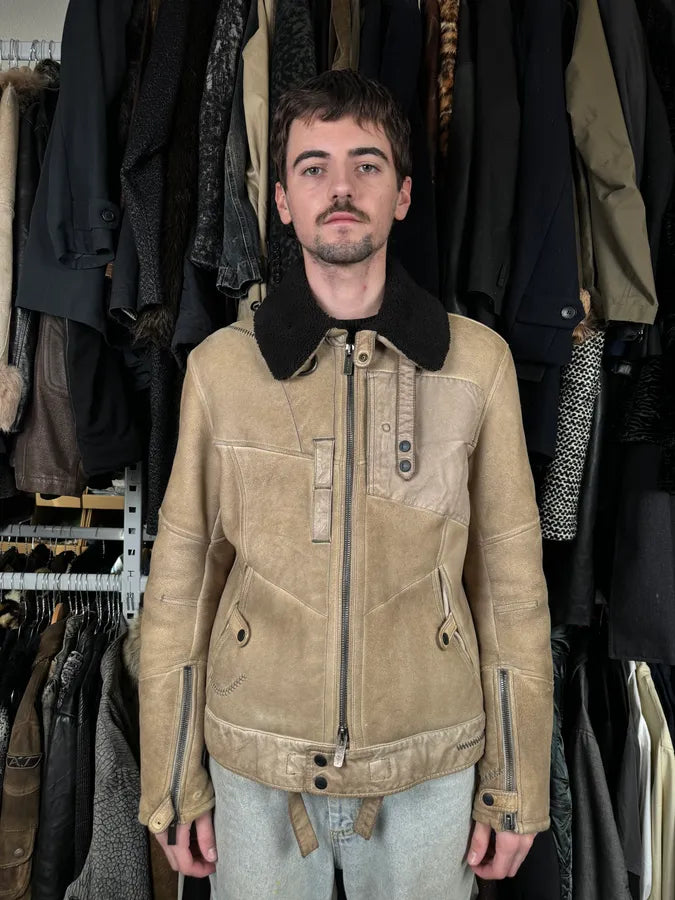 2000s Fendi Patchwork Shearling Beige Leather Jacket sYfdnwC 3