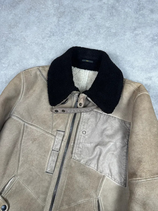 2000s Fendi Patchwork Shearling Beige Leather Jacket sYfdnwC 2