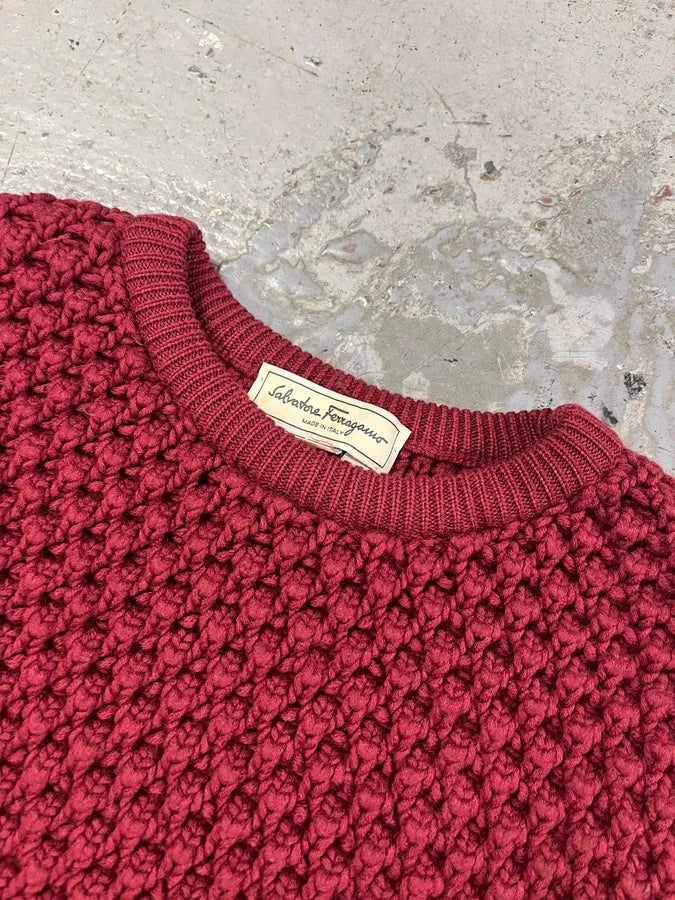 2000s Ferragamo Waffled Bordeaux Crewneck Sweater GcUNGoP 4