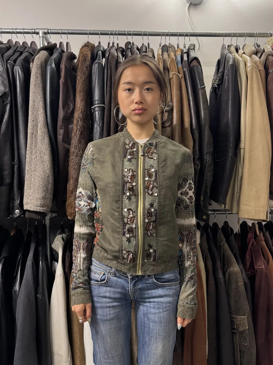 2000s Foglie Rossa Summer Sequin Olive Jacket (S) ejLHqNU 1