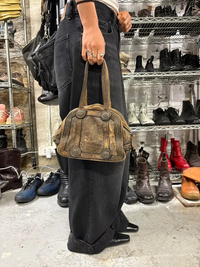 2000s Galliano Brown Cracked Leather Money Handle Bag (OS) tFyuTRh 1