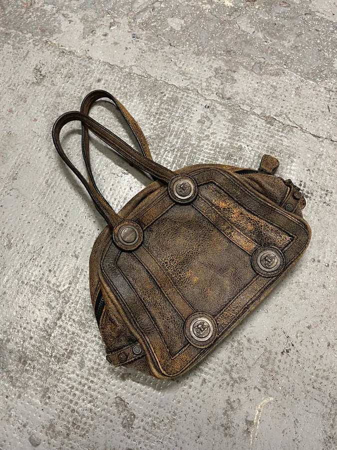 2000s Galliano Brown Cracked Leather Money Handle Bag (OS) tFyuTRh 3