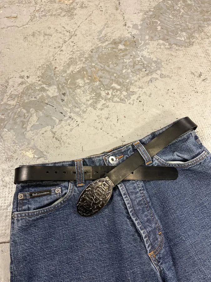 2000s Galliano Wire Buckle Black Leather Belt CjebmMW 2