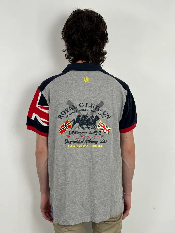 2000s Geographical Norway Grey Embroidered UK Flag Polo FdNuzCf 2