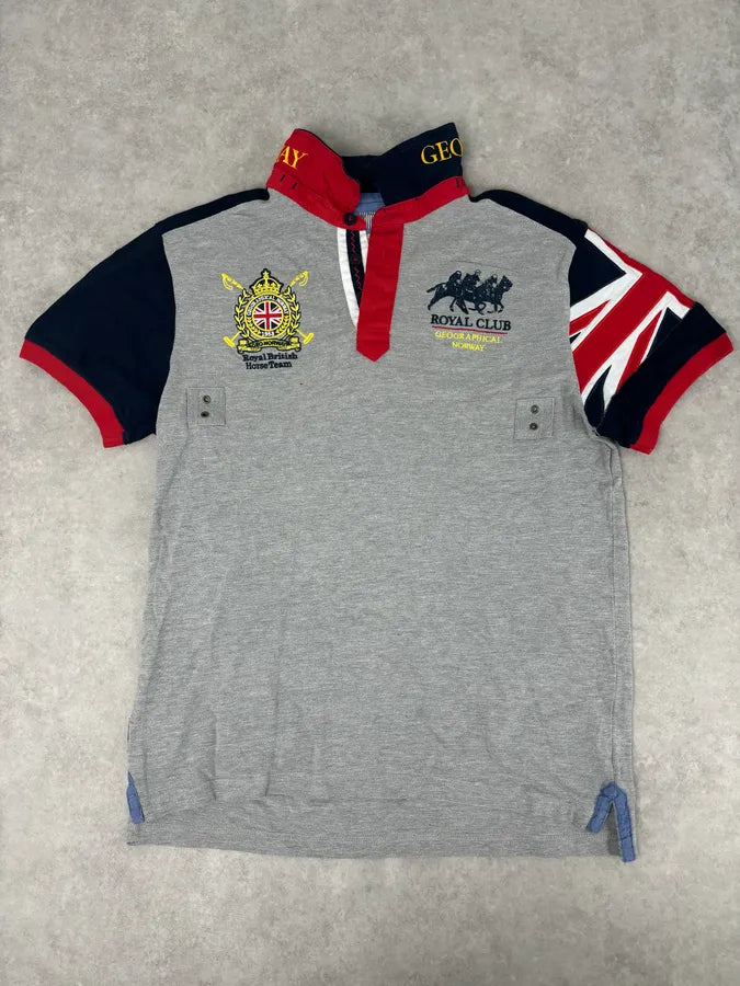 2000s Geographical Norway Grey Embroidered UK Flag Polo FdNuzCf 3