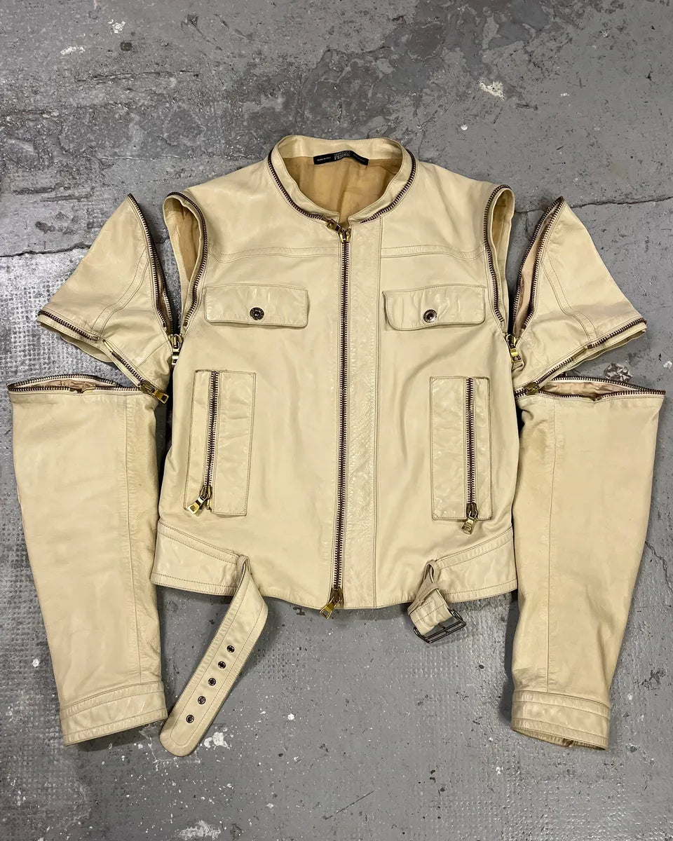 2000s Gianfranco Ferré Beige Biker Leather Jacket with Detachable Arm Zips (M) 0