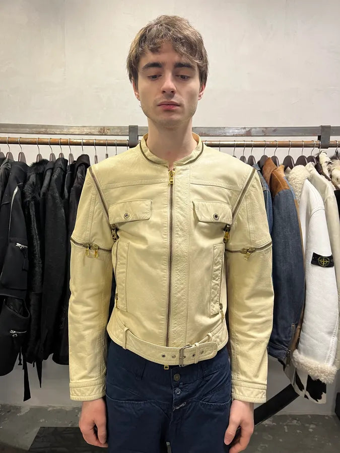 2000s Gianfranco Ferré Beige Biker Leather Jacket with Detachable Arm Zips (M) 1