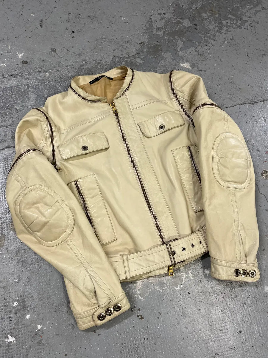 2000s Gianfranco Ferré Beige Biker Leather Jacket with Detachable Arm Zips (M) 10
