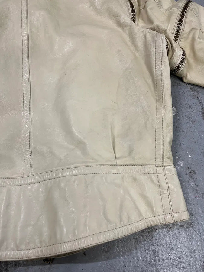 2000s Gianfranco Ferré Beige Biker Leather Jacket with Detachable Arm Zips (M) 11