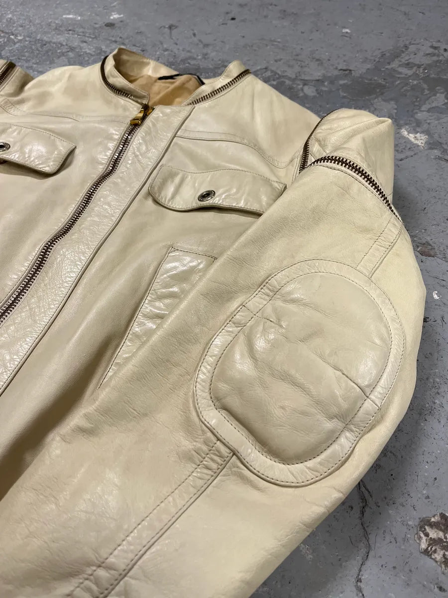 2000s Gianfranco Ferré Beige Biker Leather Jacket with Detachable Arm Zips (M) 12