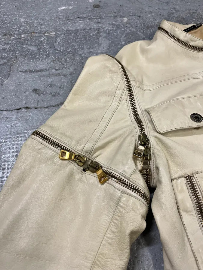 2000s Gianfranco Ferré Beige Biker Leather Jacket with Detachable Arm Zips (M) 13