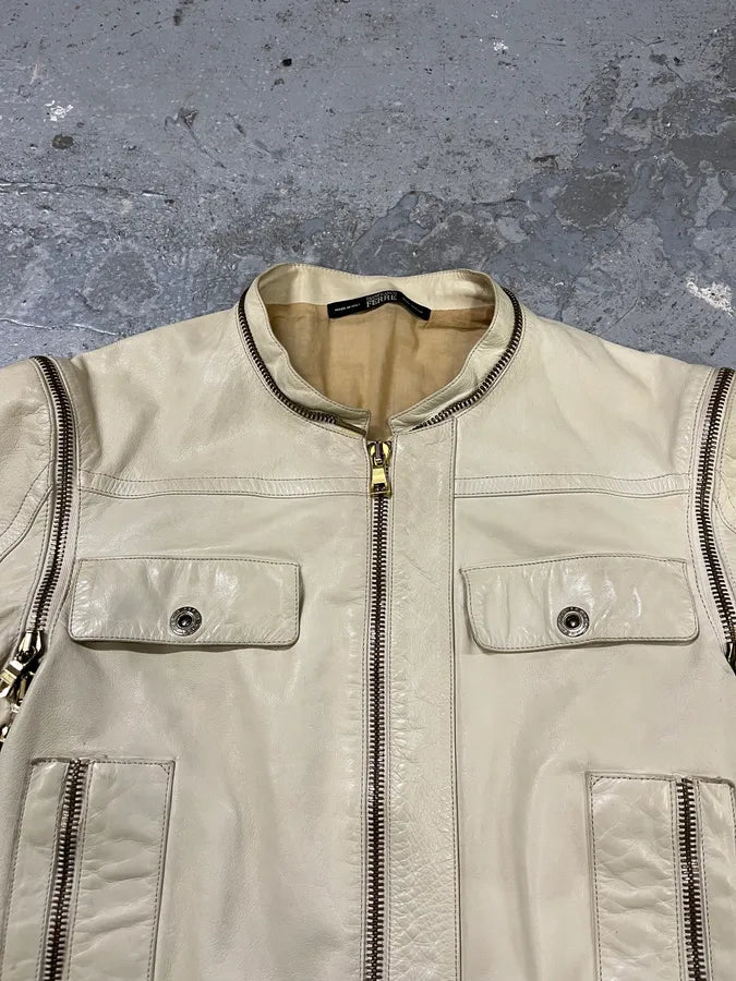 2000s Gianfranco Ferré Beige Biker Leather Jacket with Detachable Arm Zips (M) 14