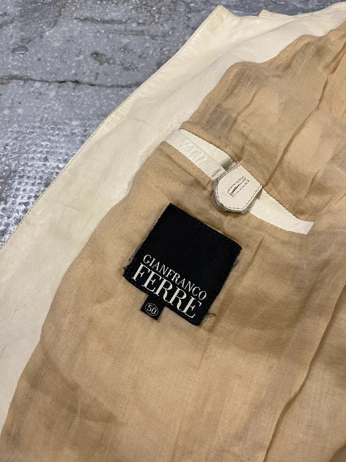 2000s Gianfranco Ferré Beige Biker Leather Jacket with Detachable Arm Zips (M) 15