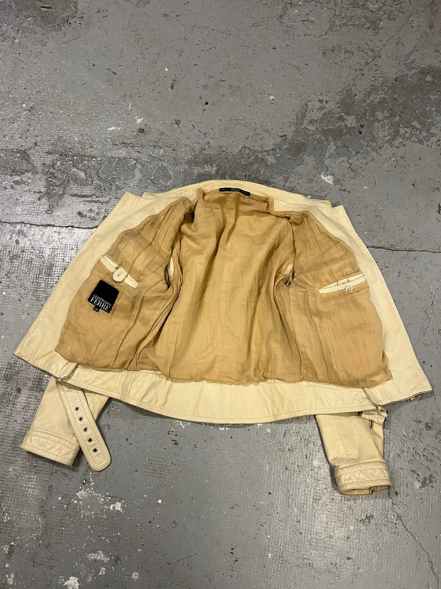 2000s Gianfranco Ferré Beige Biker Leather Jacket with Detachable Arm Zips (M) 17