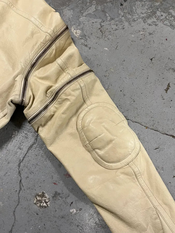 2000s Gianfranco Ferré Beige Biker Leather Jacket with Detachable Arm Zips (M) 18
