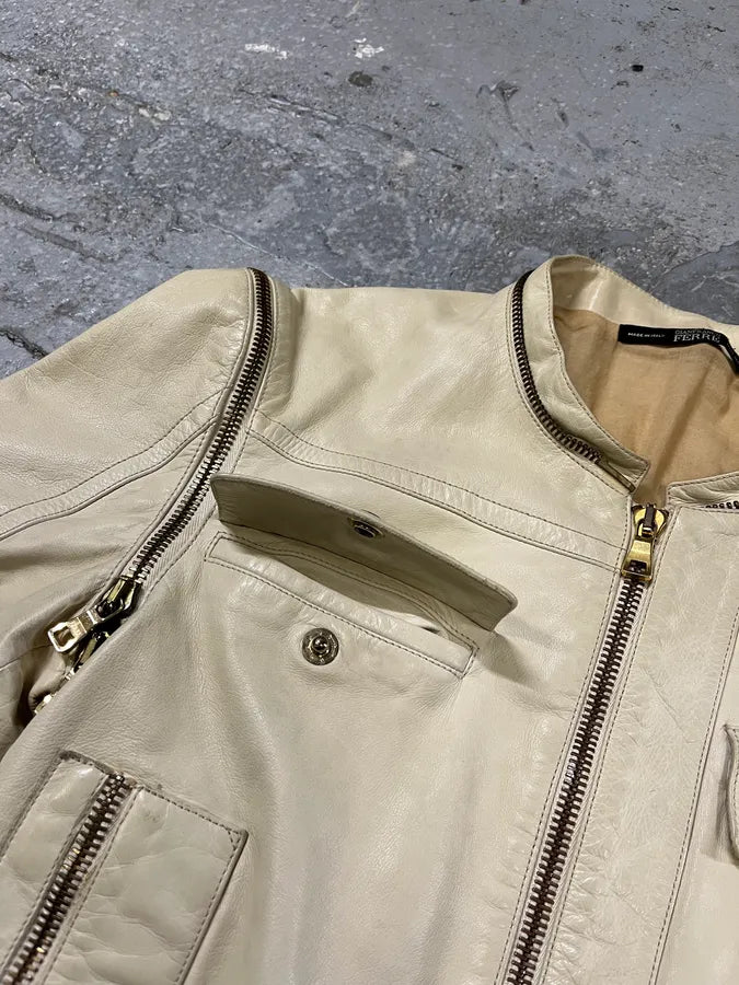 2000s Gianfranco Ferré Beige Biker Leather Jacket with Detachable Arm Zips (M) 19