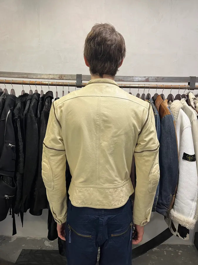 2000s Gianfranco Ferré Beige Biker Leather Jacket with Detachable Arm Zips (M) 2