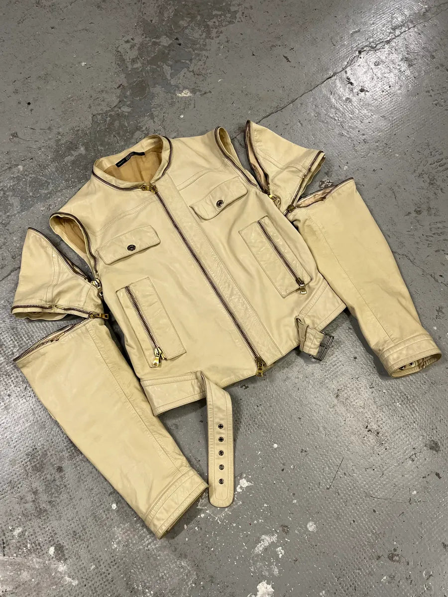 2000s Gianfranco Ferré Beige Biker Leather Jacket with Detachable Arm Zips (M) 3