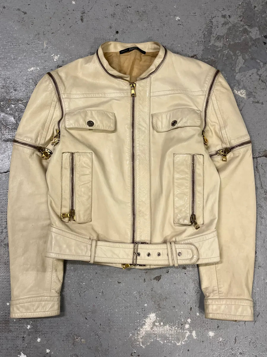 2000s Gianfranco Ferré Beige Biker Leather Jacket with Detachable Arm Zips (M) 4